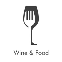 Logotipo con texto Wine & Food con copa de vino con tenedor en espacio negativo en color gris