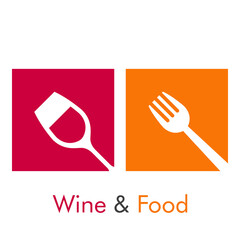 Logotipo con texto Wine & Food con copa de vino y tenedor en cuadrados en color granate y naranja