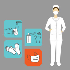 Coronavirus prevention. Medical worker woman doctor. Concept of rules to prevent coronavirus spreading, wear medical mask, wash hands, use antiseptic and gloves.Jpeg