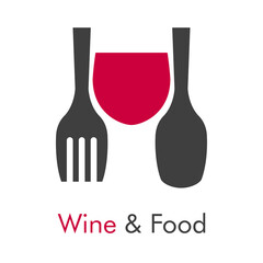 Logotipo con texto Wine & Food con tenedor y cuchara con forma de copa de vino en color gris y granate	