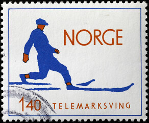 Telemark, traditional norwegian tecnique of skiing, on postage stamp