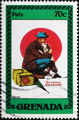 Tramp hugging a dog in illustration by Rockwell on stamp