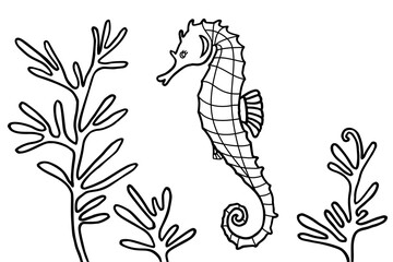 Hippocampus and algae in the ocean. Can be used for coloring book for kids. Vector illustration.