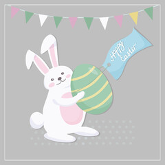 Easter card with a rabbit. Cute bunny prepares holiday gifts in the form of colored eggs. Colorful eggshells. Symbols of the Great Easter holiday. Vector illustration