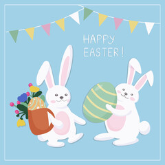 Easter card with two rabbits. Cute bunnies give each other holiday gifts in the form of colored eggs. Colorful egg shells. Symbols of the Great Easter holiday. Vector illustration