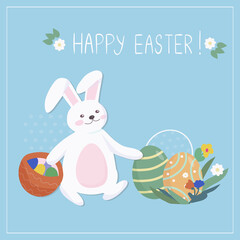 Easter card with a rabbit. Cute bunny carries holiday gifts in the form of colored eggs. Colorful colored eggshells. Symbols of the Great Easter holiday. Vector illustration