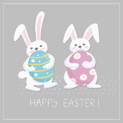 Easter card with two rabbits. Cute bunnies give each other holiday gifts in the form of colored eggs. Colorful egg shells. Symbols of the Great Easter holiday. Vector illustration