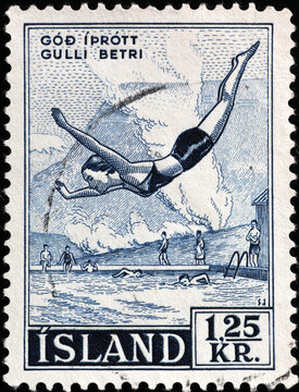 Woman Diving In Icelandic Thermal Waters On Vintage Stamp