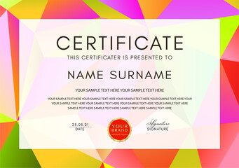 Certificate template with geometry polygon pattern (triangle texture) frame on background. Design for Diploma, certificate of appreciation or award