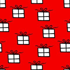 Holiday seamless pattern with present on color background. Vector illustration for Birthday, Merry Christmas, New year. Template design for invitation, poster, card, fabric, textile. Doodle style.