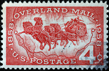 Celebration of Overland mail on old american stamp