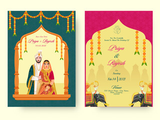 Front And Back View Of Wedding Invitation Card Design With Indian Couple Character In Traditional Attire.