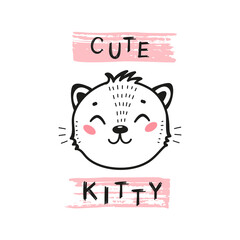 Little Cat Face. Doodle Cute Kitten Head for Tee Print Design for Kids. Vector Cartoon Baby Animal. Scandinavian Card, Print or Poster Design
