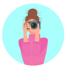 Girl with camera in her hands vector illustration. Woman takes photo. Photographer working concept, cartoon