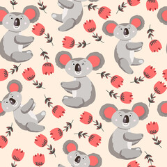 Seamless pattern with cute koala baby and flowers on color background. Funny australian animals. Card, postcards for kids. Flat vector illustration for fabric, textile, wallpaper, poster, paper.