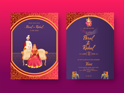 Front And Back View Of Indian Wedding Invitation Card With Hindu Couple Character In Traditional Dress.