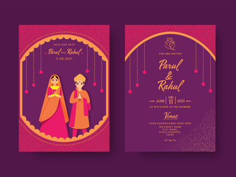 Wedding Invitation Card Design With Indian Couple Character In Pink And Purple Color.