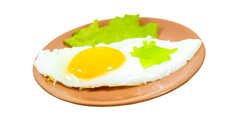 A fried egg with herbs on a saucer is isolated on a white background.