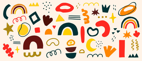 Set of Hand drawn various colorful shapes and doodle objects. Abstract contemporary trendy vector illustration.
