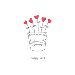 Happy Love. Cute doodle illustration of a red heart flowers in pot and a hand written wish. St. Valentines Day concept. Can be used as a greeting card or invitation background. Vector 10 EPS.