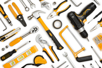 Lots of working tool objects random arranged on white as background