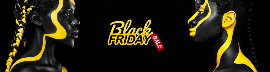 Black friday sale and shopping concept Woman with body paint. Cheerful young african girl with art...