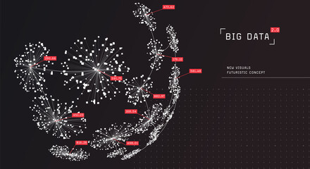 Abstract big data visualization. Visual information complexity. Information clustering representation. Global data network, globe of connected nodes. Spherical data vizualization.