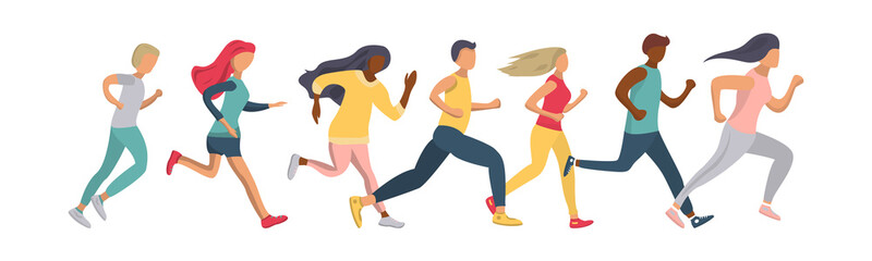 People are running a marathon. Men and women of different nationalities go in for sports together. Participation in sports races, athletic competitions. Run. Flat style on an isolated white background