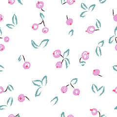 Simple seamless pattern of pink berries with turquoise leaves on a white background.