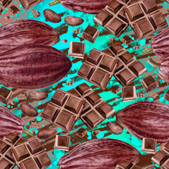 Watercolor seamless pattern chocolate bar cococa fruit and beans on a color background.