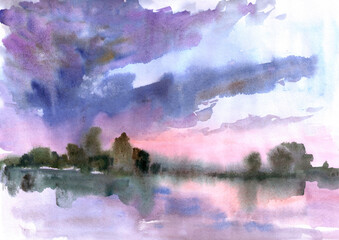watercolor landscape. morning over the river
