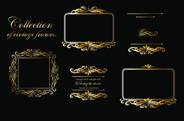 Vector illustration of frames for decoration. Golden vintage frames on a black background.