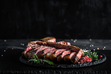 Traditional American barbecue dry aged steak sliced. porterhouse steak sliced as top view on a slate board. banner, catering menu recipe place for text - obrazy, fototapety, plakaty