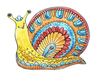 Cheerful snail, cartoon illustration, hand made watercolor.