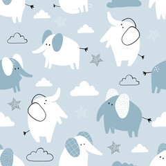 Vector hand-drawn colored childish seamless repeating simple flat pattern with cute elephants, clouds and stars in Scandinavian style on a blue background. Cute baby animals. Pattern for kids.