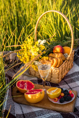 Picnic basket with food and glass with champagne on green sunny lawn. there are two croissants, grapefruit, orange, berries, peaches.