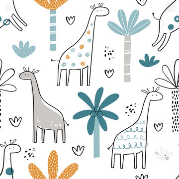 Fototapeta Vector hand-drawn colored childish seamless repeating simple pattern with cute giraffes and palm trees in scandinavian style on a white background. Cute baby animals. Pattern for kids with giraffes.