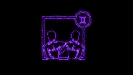 The Gemini zodiac symbol, horoscope sign lighting effect purrple neon glow. Royalty high-quality free stock of Gemini signs isolated on black background. Horoscope, astrology icons with simple style