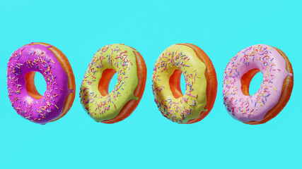 Four colorful donuts hovering against teal background. 3d rendering