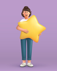 3D cartoon character. Young woman holding and hugging a big star. Customer review rating and client feedback concept.