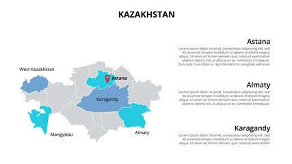Kazakhstan vector map infographic template divided by states, regions or provinces. Slide presentation
