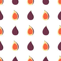 Seamless pattern on white background with hand drawn vector purple fig fruit, whole and half alternates. Healthy food minimal background. Organic textile. Natural backdrop. Fabric print texture.