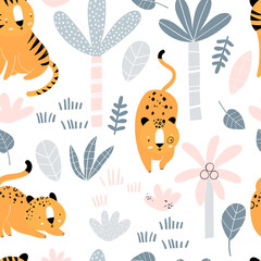 Vector handgetekende naadloze herhalende kinderachtig kleurenpatroon met wilde katten, planten en palmen in Scandinavische stijl op een witte achtergrond. Print met tijgers en jaguars. Jungle dieren.