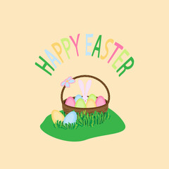 a round basket with colorful eggs and a pink hare in the middle and two eggs lie near the basket in the green grass on top of a multicolored inscription Happy Easter