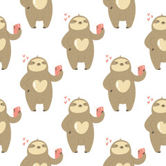 Seamless pattern with cute sloths taking selfies. Vector illustration with funny characters.
