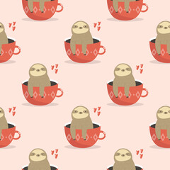 Seamless pattern with cute sloths sitting in cups.
