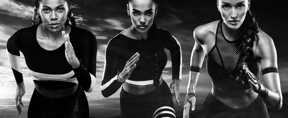 Runners run. A three athlete women sprinter, running outdoor wearing in the sportswear, fitness and sport motivation. - Powered by Adobe