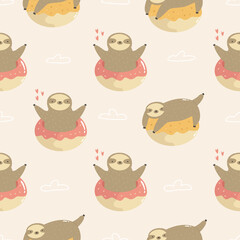 Seamless pattern with cute sloths jumping of donuts.