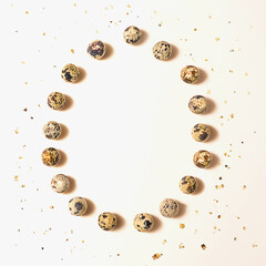 Minimal concept of many different organic natural quail eggs. Flat lay arrangement made with beige background.