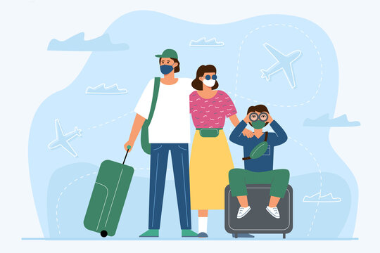 The concept of travel during the coronavirus epidemic, Vaxications. Family in masks standing with a suitcase on the background of flying planes.